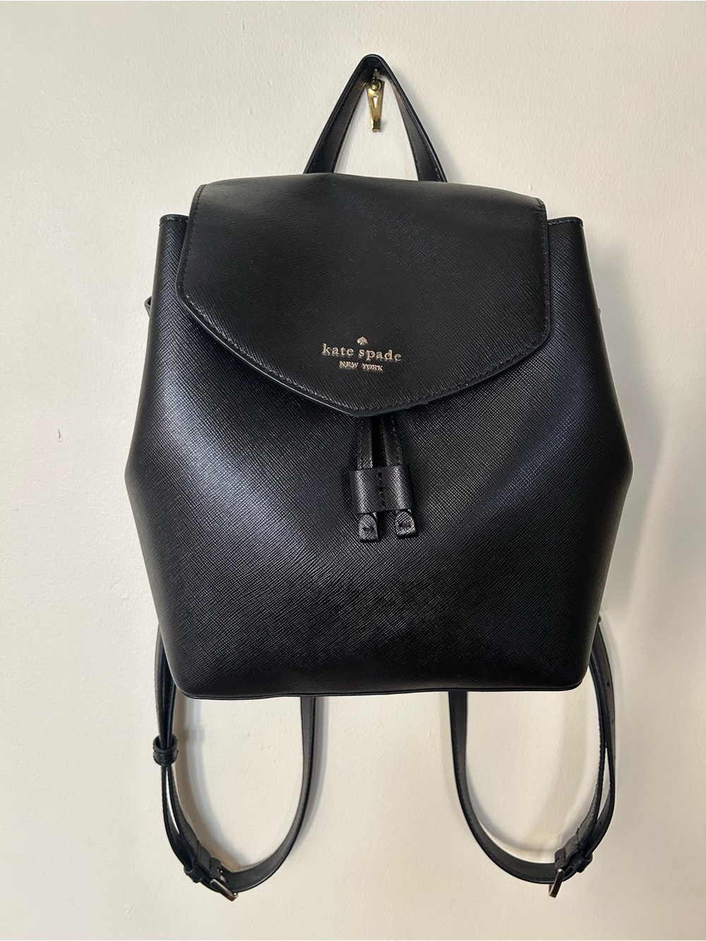 kate spade Black Leather Drawstring Flap Backpack